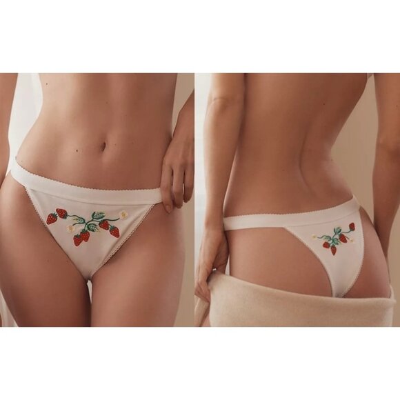 Anthropologie Other - Anthropologie Embroidered Strawberry Thong Panty S White LyreBird CottonCloud